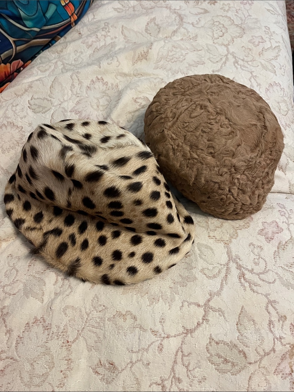 Real Fur Spotted Hat and Brown Textured Beret - Unbranded
